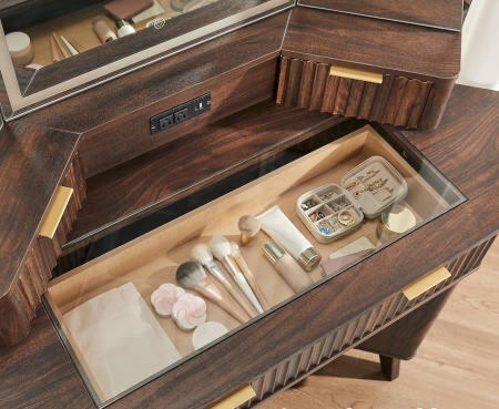 Masuta machiaj cu Oglinda LED si 3 Sertare pentru Cosmetice, Set Masa toaleta 122 cm, Maro, masuta cosmetica, vanity - SEM22 - Img 5