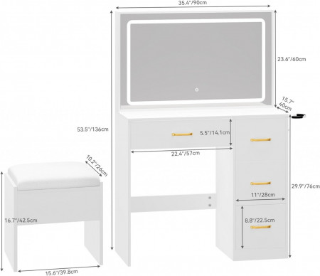 Masuta machiaj cu Oglinda LED si 4 Sertare pentru Cosmetice, Set Masa toaleta 90 cm, Alb, masuta cosmetica, vanity - SEA456 - Img 2