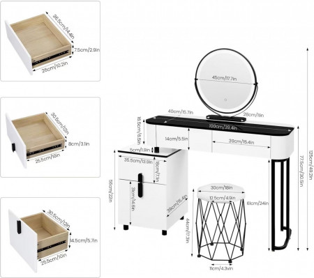 Masuta machiaj cu Oglinda LED si 4 Sertare pentru Cosmetice, Set Masa toaleta 100 cm, Alb, masuta cosmetica, vanity - SEA469 - Img 5