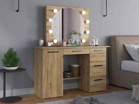Masuta machiaj cu Oglinda LED si 4 Sertare pentru Cosmetice, Set Masa toaleta 120 cm, Stejar, masuta cosmetica, vanity - SEM514 - Img 6