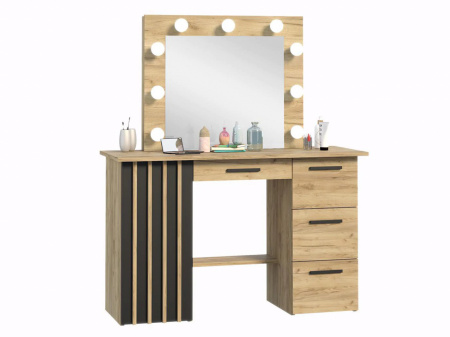 Masuta machiaj cu Oglinda LED si 4 Sertare pentru Cosmetice, Set Masa toaleta 120 cm, Stejar, masuta cosmetica, vanity - SEM517 - Img 4