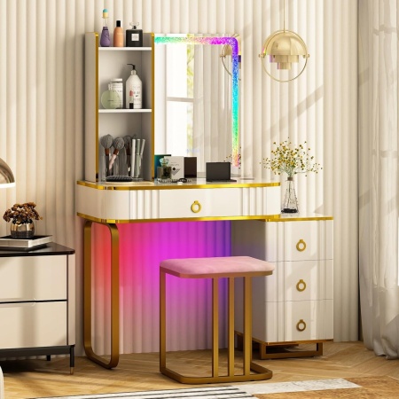 Masuta machiaj cu Oglinda LED si 4 Sertare pentru Cosmetice, Set Masa toaleta 80 cm, Alb, masuta cosmetica, vanity - SEA99 - Img 3