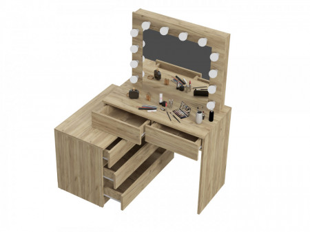 Masuta machiaj cu Oglinda LED si 5 Sertare pentru Cosmetice, Set Masa toaleta 130 cm, Stejar, masuta cosmetica, vanity - SEM512 - Img 5