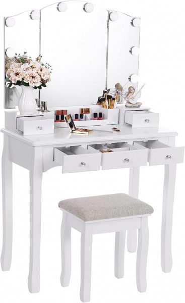 Masuta machiaj cu Oglinda LED si 5 Sertare pentru Cosmetice, Set Masa toaleta 80 cm, Alb, masuta cosmetica, vanity - SEA92 - Img 7
