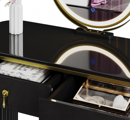 Masuta machiaj cu Oglinda LED si 5 Sertare pentru Cosmetice, Set Masa toaleta 100 cm, Negru, masuta cosmetica, vanity - SEN243 - Img 4