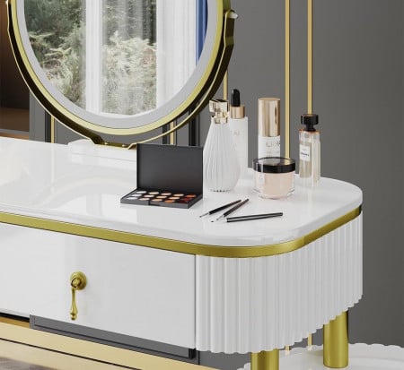 Masuta machiaj cu Oglinda LED si 5 Sertare pentru Cosmetice, Set Masa toaleta 100 cm, Alb, masuta cosmetica, vanity - SEA422 - Img 5