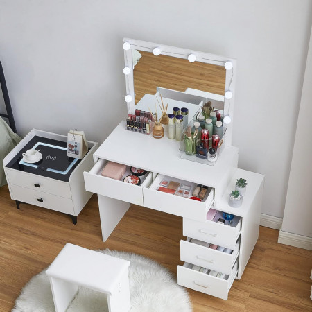 Masuta machiaj cu Oglinda LED si 5 Sertare pentru Cosmetice, Set Masa toaleta 80 cm, Alb, masuta cosmetica, vanity - SEA425 - Img 3