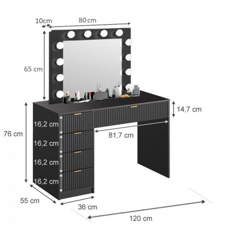 Masuta machiaj cu Oglinda LED si 5 Sertare pentru Cosmetice, Set Masa toaleta 120 cm cu Riflaj, masuta cosmetica, vanity - SEN22 - Img 4