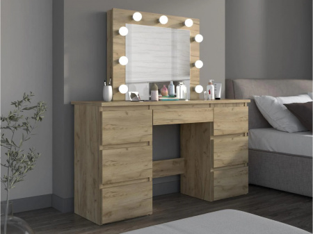 Masuta machiaj cu Oglinda LED si 5 Sertare pentru Cosmetice, Set Masa toaleta 120 cm, Stejar, masuta cosmetica, vanity - SEM534 - Img 6