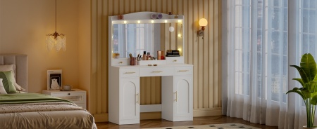 Masuta machiaj cu Oglinda LED si 5 Sertare pentru Cosmetice, Set Masa toaleta 108 cm, Alb, masuta cosmetica, vanity - SEA911 - Img 3