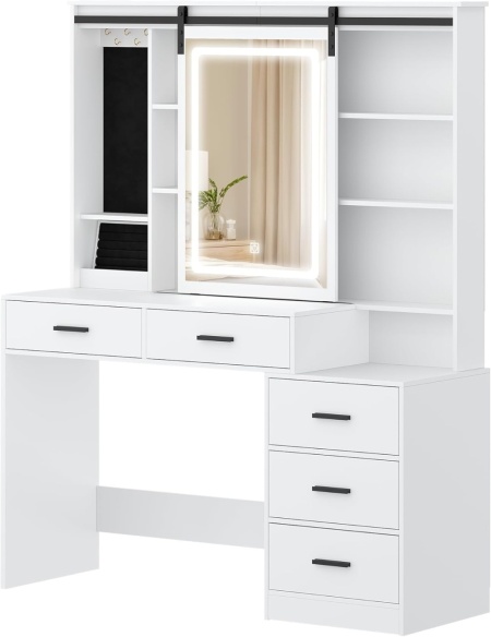 Masuta machiaj cu Oglinda LED si 5 Sertare pentru Cosmetice, Set Masa toaleta 120 cm, Alb, masuta cosmetica, vanity - SEA5 - Img 2