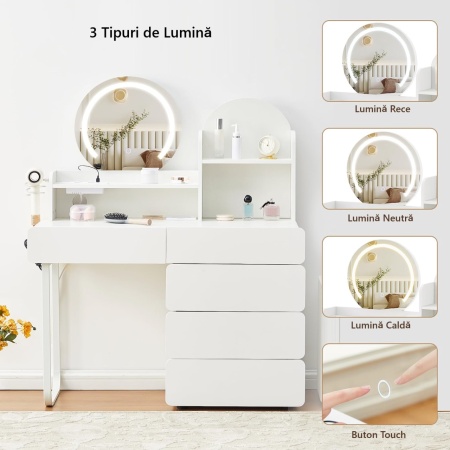 Masuta machiaj cu Oglinda LED si 5 Sertare pentru Cosmetice, Set Masa toaleta 105 - 130 cm, Alb, masuta cosmetica cu Prize si USB, Suport Uscator de Par - SEA25 - Img 7
