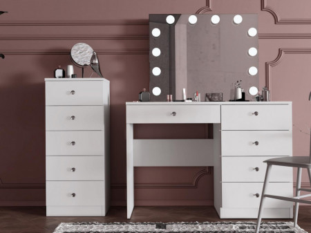 Masuta machiaj cu Oglinda LED si 5 Sertare pentru Cosmetice, Set Masa toaleta 110 cm, Alb, masuta cosmetica, vanity - SEA533 - Img 8