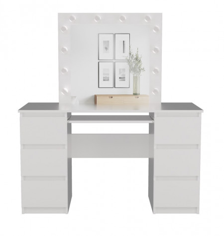 Masuta machiaj cu Oglinda LED si 6 Sertare pentru Cosmetice, Set Masa toaleta 130 cm, Alb, masuta cosmetica, vanity - SEA542 - Img 4