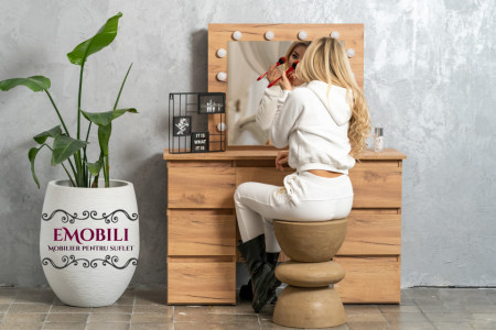 Masuta machiaj cu Oglinda LED si 7 Sertare pentru Cosmetice, Set Masa toaleta 120 cm, Stejar, masuta cosmetica, vanity - SEM508 - Img 7
