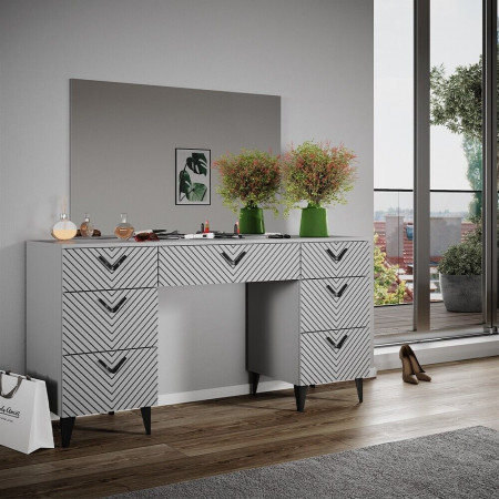 Masuta machiaj cu Oglinda LED si 7 Sertare pentru Cosmetice, Set Masa toaleta 150 cm, Gri, masuta cosmetica, vanity - SEG213 - Img 6