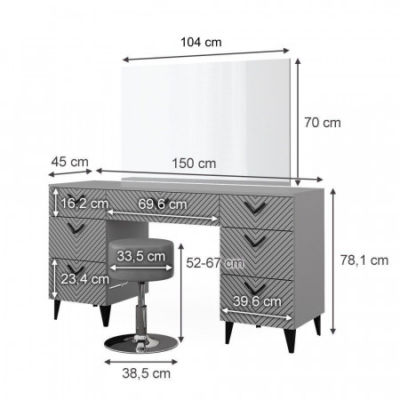 Masuta machiaj cu Oglinda LED si 7 Sertare pentru Cosmetice, Set Masa toaleta 150 cm, Gri, masuta cosmetica, vanity - SEG213 - Img 7