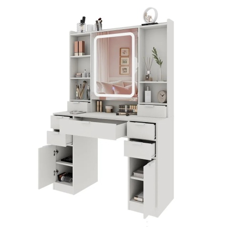 Masuta machiaj cu Oglinda LED si 7 Sertare pentru Cosmetice, Set Masa toaleta 105 cm, Alb, masuta cosmetica, vanity - SEA810 - Img 7