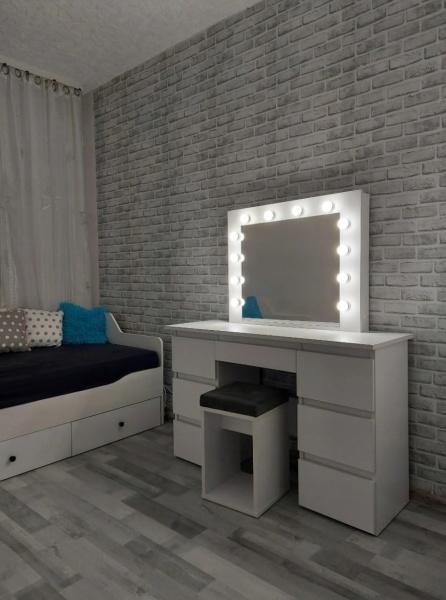 Masuta machiaj cu Oglinda LED si 7 Sertare pentru Cosmetice, Set Masa toaleta 120 cm, Alb, masuta cosmetica, vanity - SEA516 - Img 12