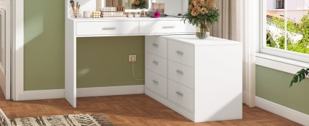 Masuta machiaj cu Oglinda LED si 8 Sertare pentru Cosmetice, Set Masa toaleta 167 cm, Alb, masuta cosmetica, vanity - SEA819 - Img 4