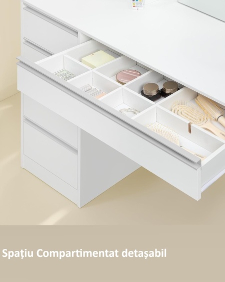 Masuta machiaj cu Oglinda LED si 8 Sertare pentru Cosmetice, Set Masa toaleta 120 cm, Alb, masuta cosmetica, vanity - SEA6 - Img 4