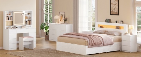 Masuta machiaj cu Oglinda LED si 9 Sertare pentru Cosmetice, Set Masa toaleta 110 cm, Alb, masuta cosmetica, vanity - SEA822 - Img 4