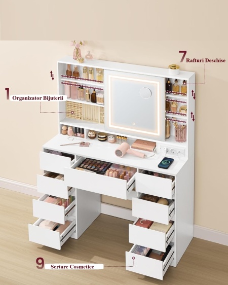 Masuta machiaj cu Oglinda LED si 9 Sertare pentru Cosmetice, Set Masa toaleta 110 cm, Alb, masuta cosmetica, vanity - SEA822 - Img 12