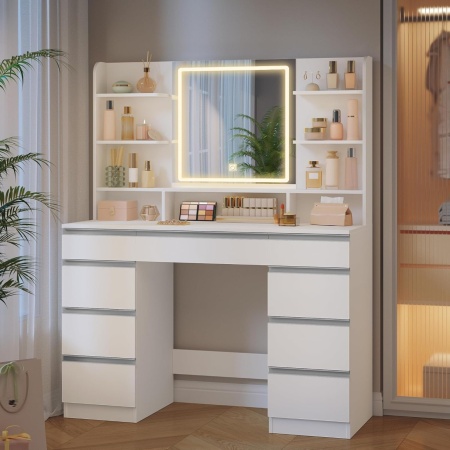Masuta machiaj cu Oglinda LED si 9 Sertare pentru Cosmetice, Set Masa toaleta 109 cm, Alb, masuta cosmetica, vanity - SEA18 - Img 5