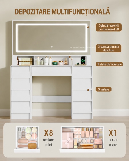Masuta machiaj cu Oglinda LED si 9 Sertare pentru Cosmetice, Set Masa toaleta 109 cm, Alb, masuta cosmetica, vanity - SEA19 - Img 12