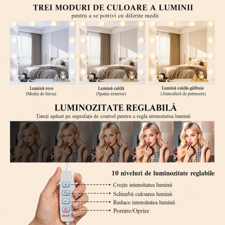 Masuta machiaj cu Oglinda LED si 9 Sertare pentru Cosmetice, Set Masa toaleta 108 cm, Alba sau Neagra cu Riflaj, masuta cosmetica cu Prize, USB, USB-C si Suport Uscator de Par, Suport Bijuterii vanity - SEA202 - Img 8