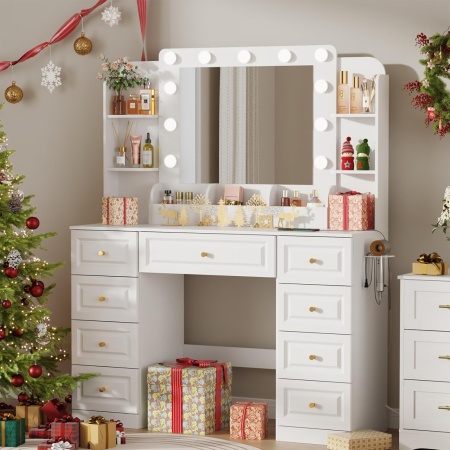 Masuta machiaj cu Oglinda LED si 9 Sertare pentru Cosmetice, Set Masa toaleta 107 cm, Alb, masuta cosmetica cu Priza, USB si USB-C, vanity - SEA205 - Img 3