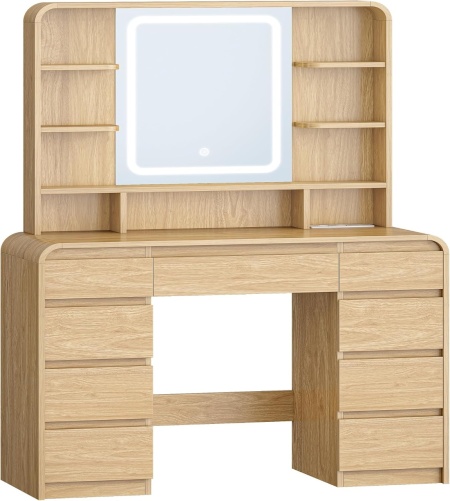 Masuta machiaj cu Oglinda LED si 9 Sertare pentru Cosmetice, Set Masa toaleta 108 cm, cu Priza si USB, masuta cosmetica Maro, vanity cu Rafturi - SEM1 - Img 5