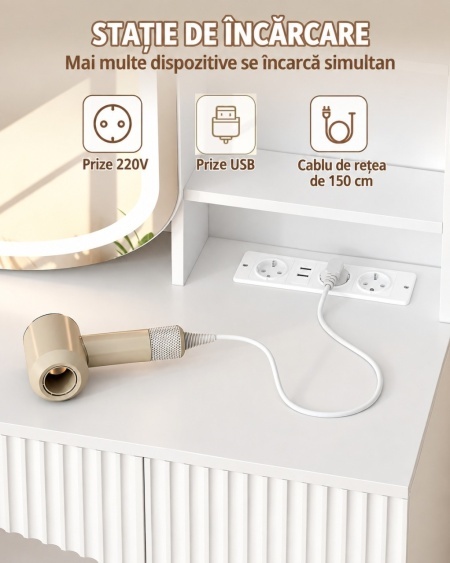 Masuta machiaj cu Oglinda LED si 9 Sertare si Rafturi pentru Cosmetice, Set Masa toaleta 108 cm, Alb, masuta cosmetica cu Priza si USB, vanity cu Dulapior - SEA17 - Img 2