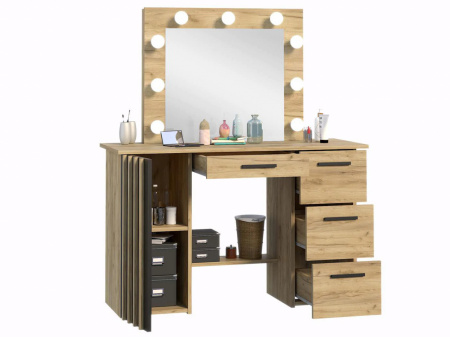 Masuta machiaj culoarea Stejar, cu Oglinda LED si 4 Sertare pentru Cosmetice, Set Masa toaleta 120 cm, Stejar, masuta vanity cu Riflaj, cosmetica - SEM535 - Img 3