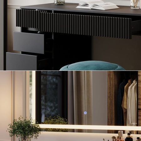 Masuta machiaj naegra cu Oglinda LED si 5 Sertare pentru Cosmetice, Set Masa toaleta 120 cm, masuta cosmetica cu Riflaj, vanity - SEN256 - Img 6