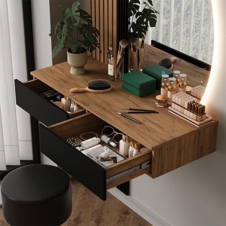 Masuta machiaj neagra cu Oglinda LED si 2 Sertare pentru Cosmetice, Set Masa toaleta 100 cm, masuta cosmetica cu Riflaj, vanity - SEM23 - Img 3