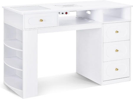 Masuta manichiura alba, 120 cm, cu aspirator incorporat, 3 Prize, 4 Sertare, masa cosmetica cu Rafturi - MANIA205 - Img 3