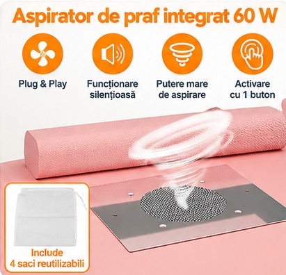 Masuta manichiura Alba / Neagra / Roz, 106 cm, birou, masa cosmetica pentru salon cu Aspirator Incorporat - MANIA212 - Img 4