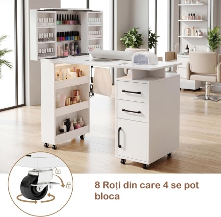Masuta manichiura Alba / Roz / Neagra, 108 cm, birou cu LED, masa cosmetica pentru salon cu Aspirator Incorporat, Pernita si Rafturi deschise - MANIA216 - Img 9