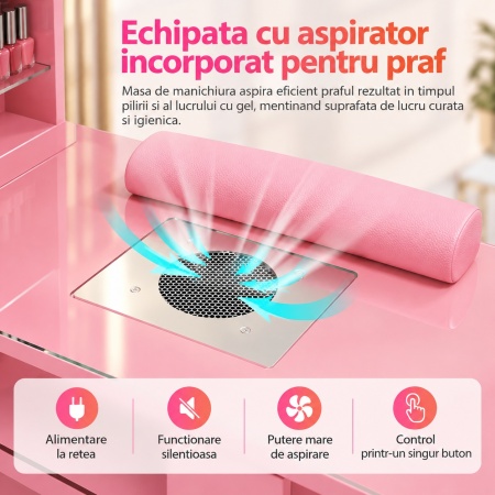 Masuta manichiura Alba / Roz / Neagra, 122 cm, birou cu Blat din Sticla, masa cosmetica pentru salon cu Aspirator Incorporat, Pernita si Vitrina din Sticla - MANIA214 - Img 7