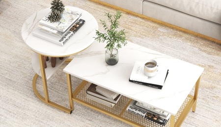 MCAU19 - Set 2 masute de cafea 80 cm si 52 cm, mese pentru living - Alb - Negru / Auriu - Img 7