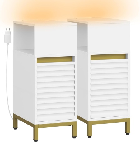 NOA2 - Set 2 Noptiere, 24 cm, foarte inguste, LED, USB si USB-C, Riflaje dormitor - Alb - Auriu - Img 5