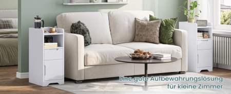 NOA202 - Set 2x Noptiere foarte inguste, 25 cm, cu sertar, dulap si raft - Alb - Img 9