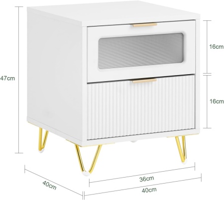 NOA59 - Set 2x Noptiere albe 40x40x47 cm, riflaje, cu 2 sertare, dormitor - Alb-Auriu - Img 7