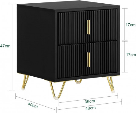 NON11 - Set 2x Noptiere negre 40x40x47 cm, riflaje, cu 2 sertare, dormitor - Negru-Auriu - Img 8