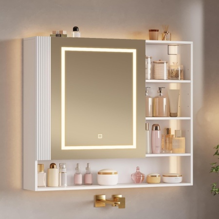 Oglinda Led cu dulapior alb, cu Priza, Rafturi ajustabile si Riflaj - Mobilier Baie VELORA - Img 4
