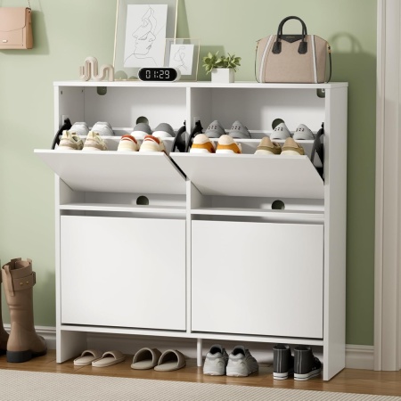 PANA205 - Pantofar 100 cm ingust, 4 compartimente, pantofare, depozitare pantofi, mobilier hol - Alb - Img 2