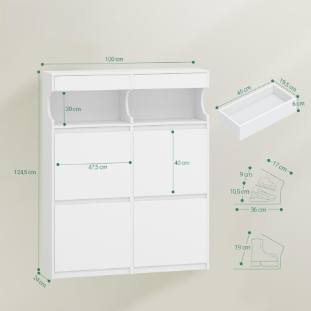 Pantofar alb sau maro, 100 cm ingust, 4 compartimente, Sertare si Rafturi, pantofare, depozitare pantofi, mobilier hol - PANA36 - Img 8