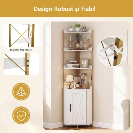 RAAU14 - Raft colt cu 4 polite si 1 dulap, 38 cm pentru birou, hol, living, baie - Auriu Alb / Negru / Maro - Img 10