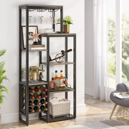 RVI4 - Rafturi Vin pentru, 80 cm, depozitare vin, raft stil industrial, bucatarie, living, dining - Negru Maro / Gri - Img 6